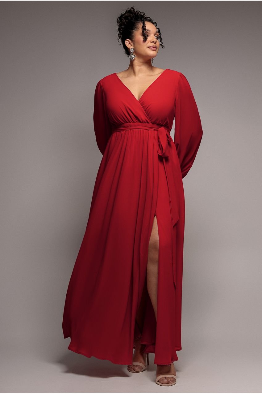 Goddiva Plus Wrap Back With Front Slit Chiffon Maxi Dress – Red