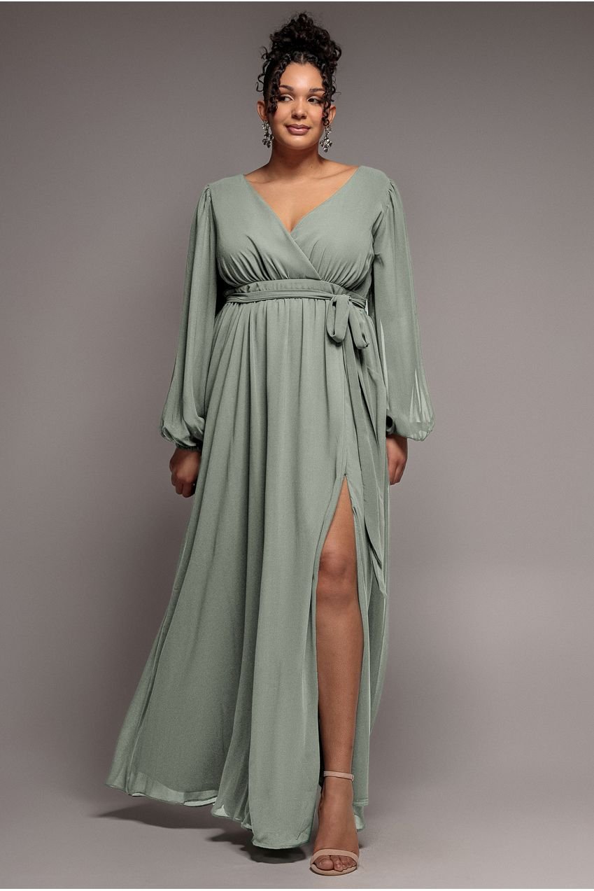 Goddiva Plus Wrap Back With Front Slit Chiffon Maxi Dress – Sage Green