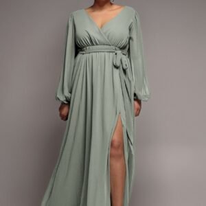 Goddiva Plus Wrap Back With Front Slit Chiffon Maxi Dress - Sage Green