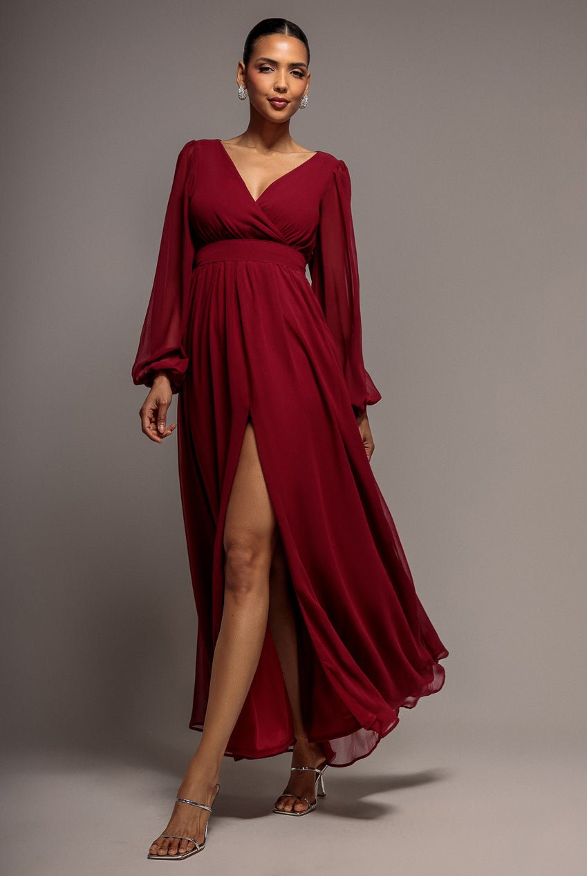 Goddiva Wrap Back With Front Slit Chiffon Maxi Dress – Berry