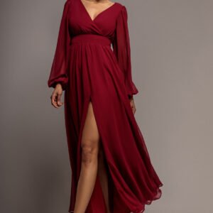Goddiva Wrap Back With Front Slit Chiffon Maxi Dress - Berry