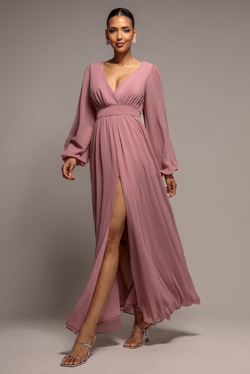 Goddiva Wrap Back With Front Slit Chiffon Maxi Dress – Lilac