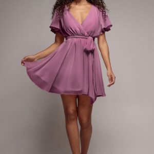 Goddiva Flutter Sleeve Wrap Mini Dress With Elasticated Waist - Lavender