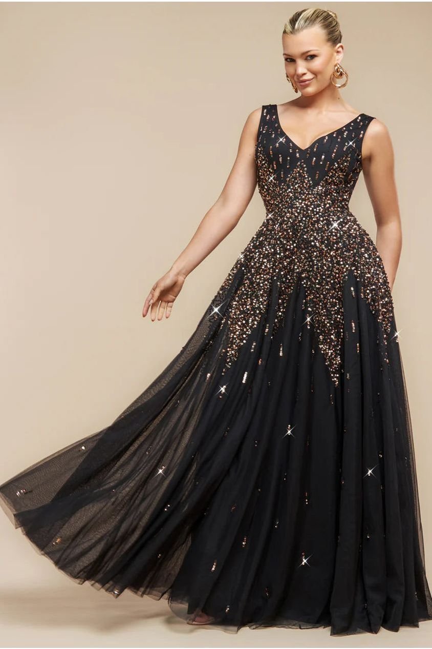 Goddiva Sunray Hand Embellished Sequin A-Line Sleeveless Maxi Dress – Black