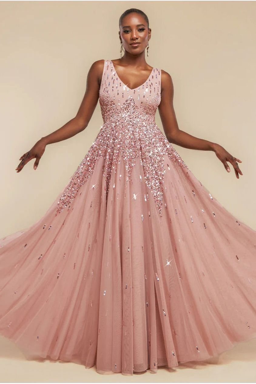 Goddiva Sunray Hand Embellished Sequin A-Line Sleeveless Maxi Dress – Blush Pink