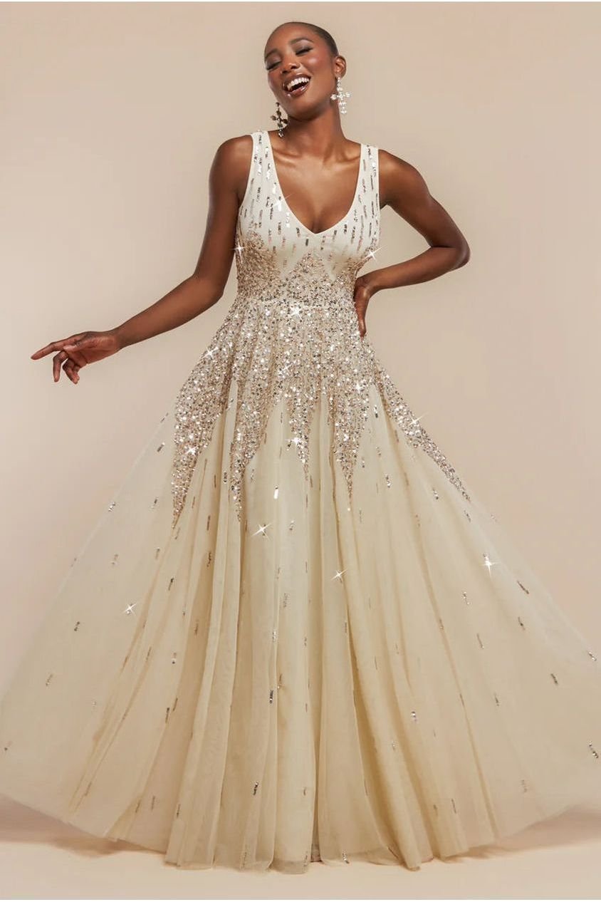 Goddiva Sunray Hand Embellished Sequin A-Line Sleeveless Maxi Dress – Ivory