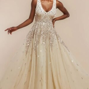 Goddiva Sunray Hand Embellished Sequin A-Line Sleeveless Maxi Dress - Ivory
