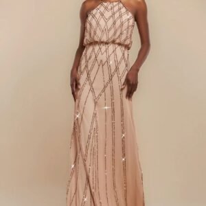 Goddiva Racer Neck Sleeveless Hand Embellished Sequin Maxi Dress - Champagne