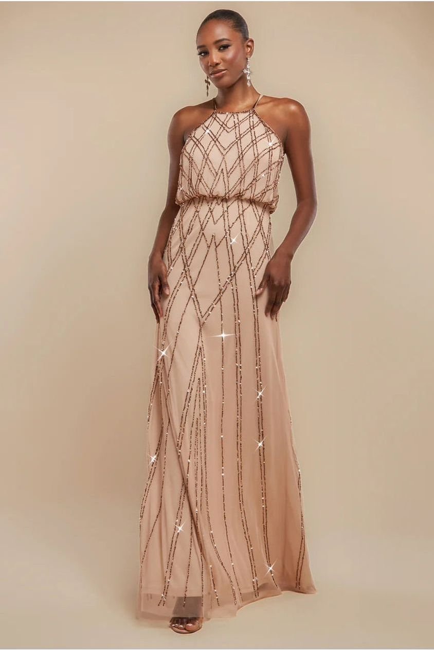 Goddiva Racer Neck Sleeveless Hand Embellished Sequin Maxi Dress – Champagne