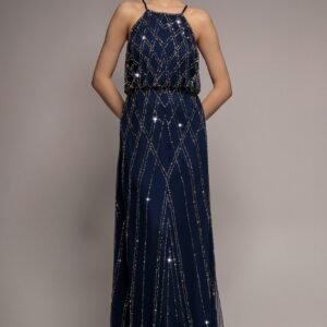 Goddiva Racer Neck Sleeveless Hand Embellished Sequin Maxi Dress - Navy Blue