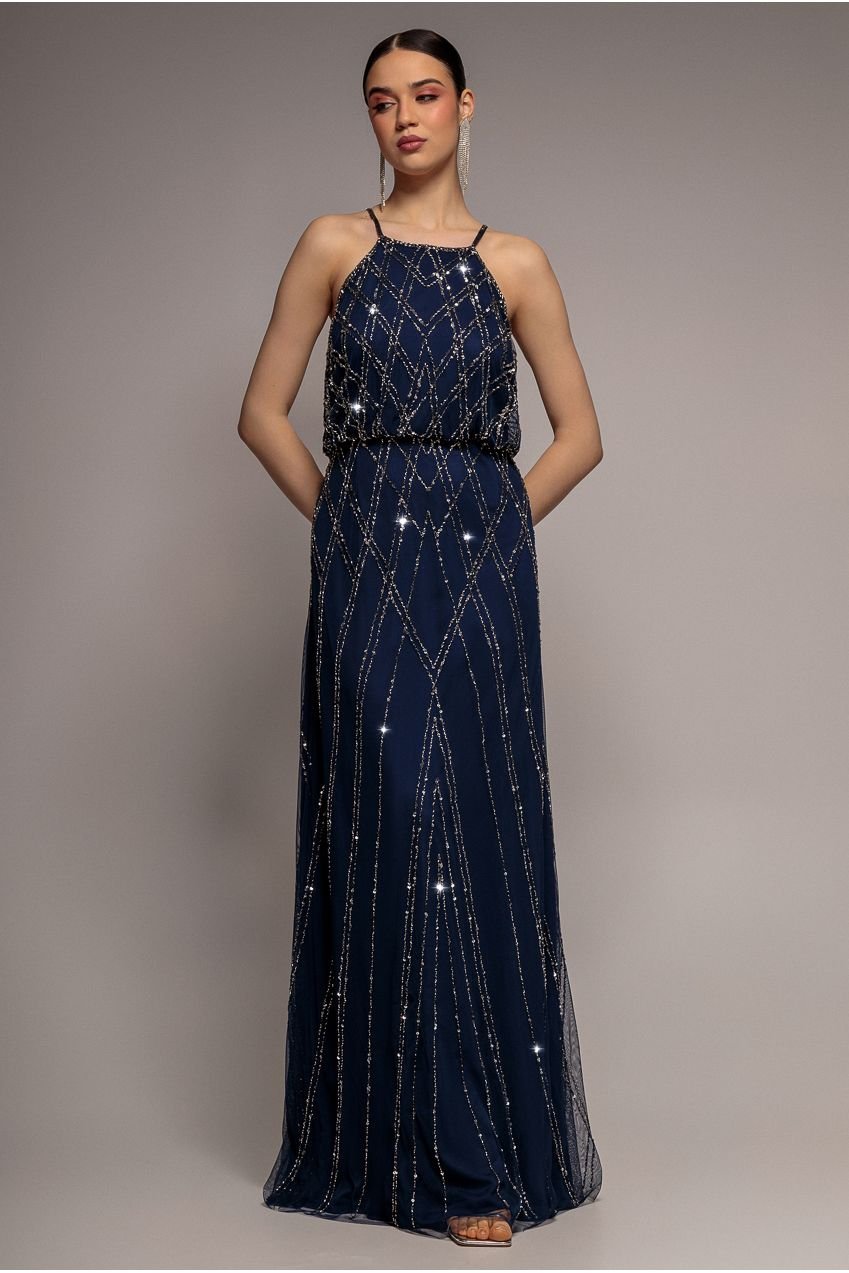 Goddiva Racer Neck Sleeveless Hand Embellished Sequin Maxi Dress – Navy Blue