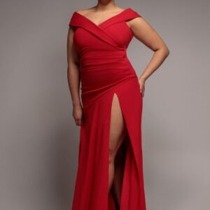 Goddiva Plus Scuba Crepe Off Shoulder Front Split Maxi Dress - Red