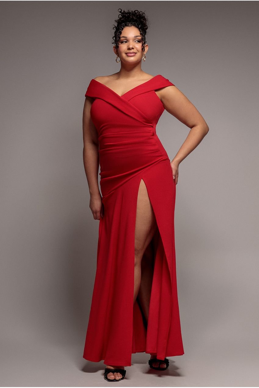 Goddiva Plus Scuba Crepe Off Shoulder Front Split Maxi Dress – Red