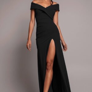 Goddiva Scuba Crepe Off Shoulder Front Split Maxi Dress - Black