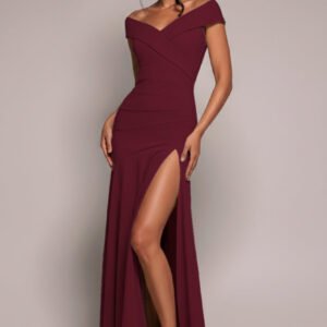 Goddiva Scuba Crepe Off Shoulder Front Split Maxi Dress - Wine