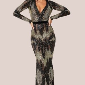 Goddiva Long Sleeve Sequin Evening Maxi Dress - Black