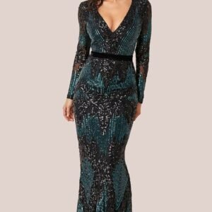 Goddiva Long Sleeve Sequin Evening Maxi Dress - Emerald