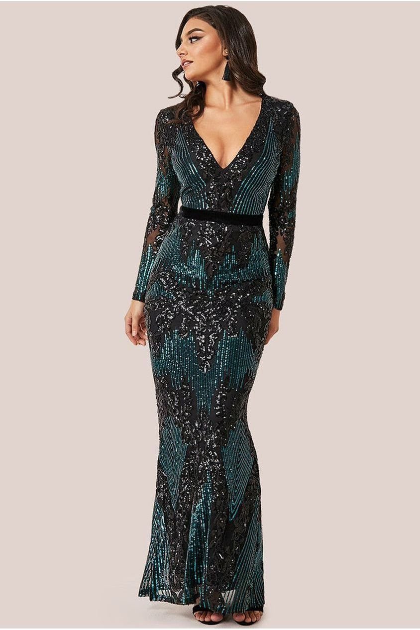 Goddiva Long Sleeve Sequin Evening Maxi Dress – Emerald