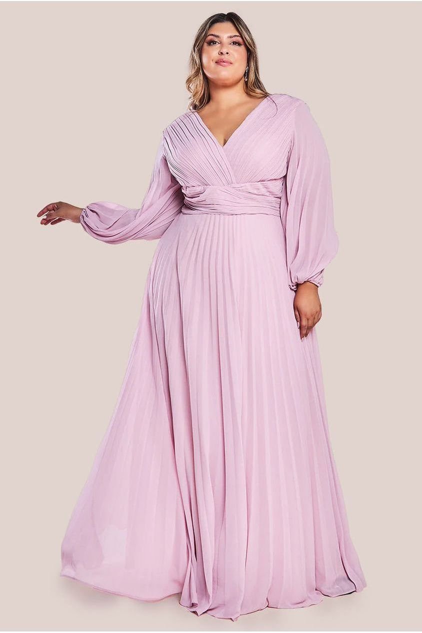 Goddiva Plus Balloon Sleeve Chiffon Maxi Dress – Pink