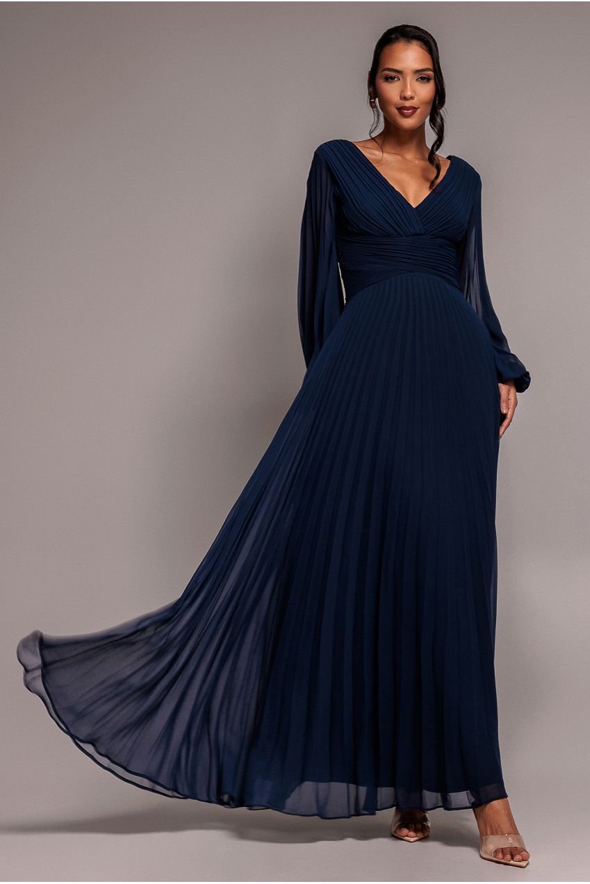 Goddiva Balloon Sleeve Chiffon Maxi Dress – Navy Blue
