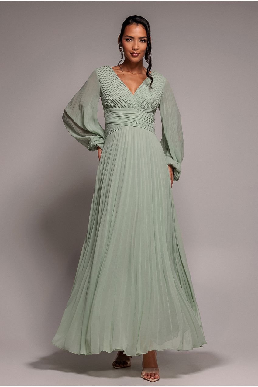 Goddiva Balloon Sleeve Chiffon Maxi Dress  – Sage Green