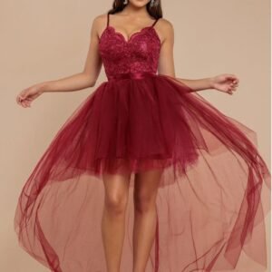 Goddiva High Low Tulle Mini With Lace Bodice - Wine