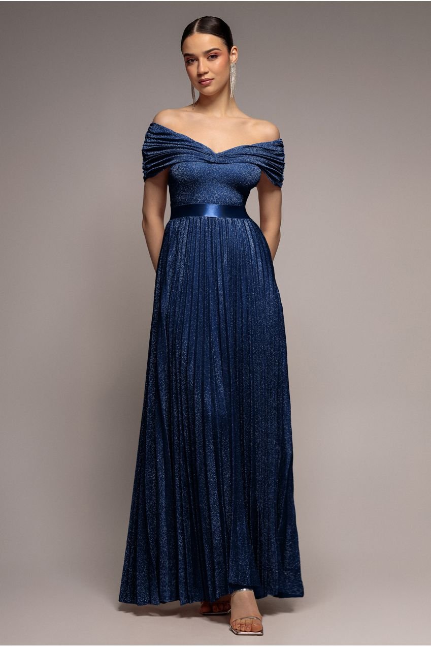 Goddiva Bardot Pleated Skirt Maxi Dress – Navy