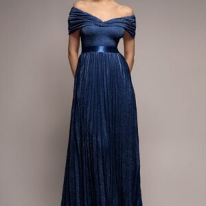 Goddiva Bardot Pleated Skirt Maxi Dress - Navy