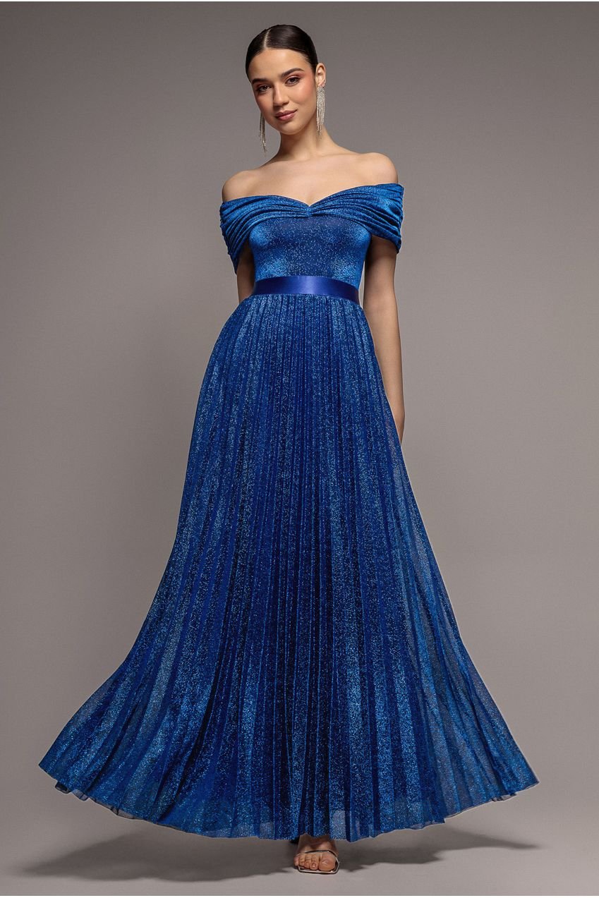 Goddiva Bardot Pleated Skirt Maxi Dress – Royalblue