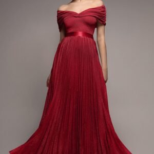 Goddiva Bardot Pleated Skirt Maxi Dress - Wine