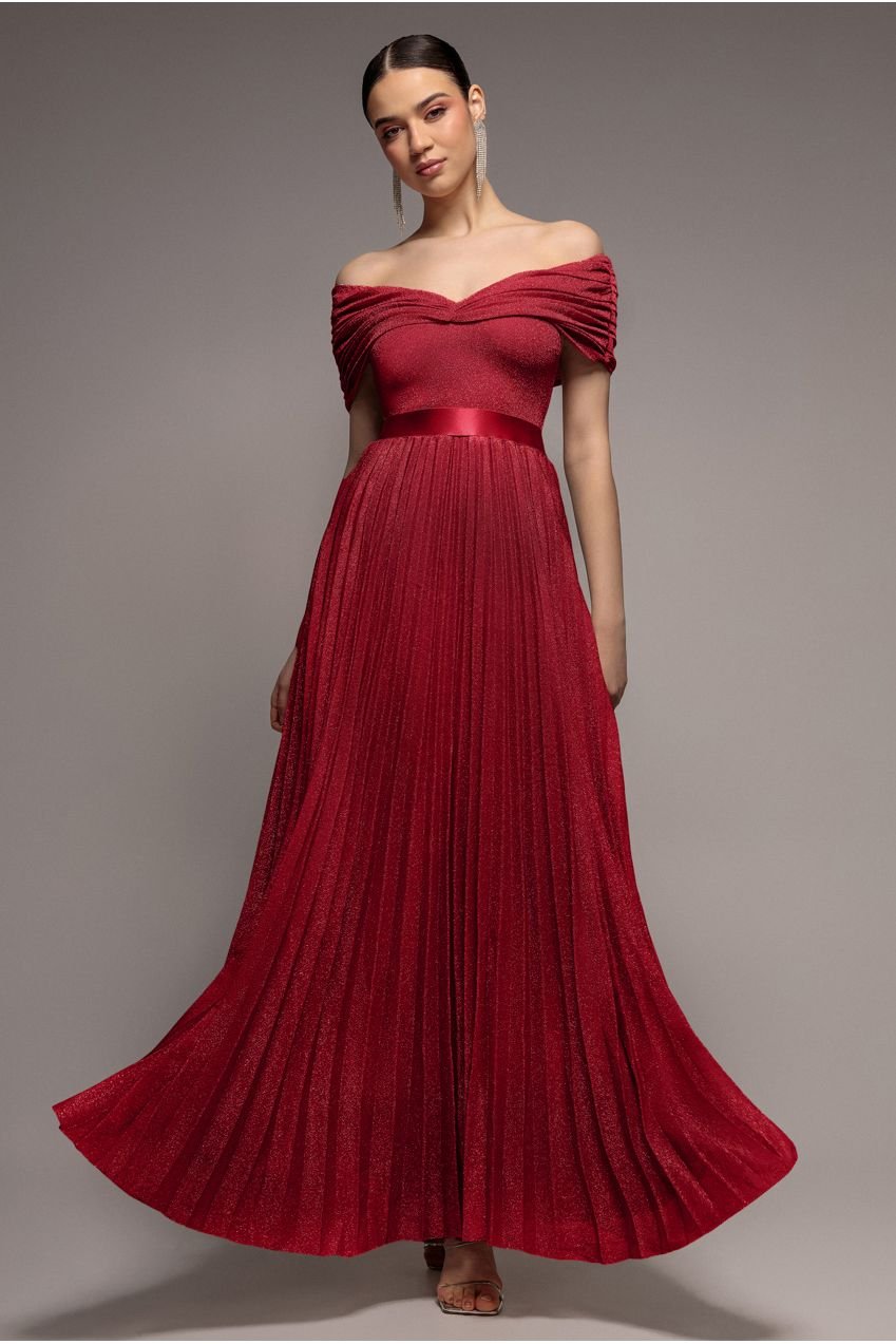 Goddiva Bardot Pleated Skirt Maxi Dress – Wine