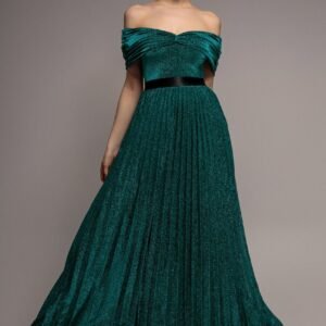 Goddiva Bardot Pleated Skirt Maxi Dress - Emerald