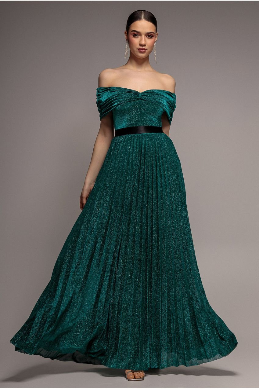 Goddiva Bardot Pleated Skirt Maxi Dress – Emerald