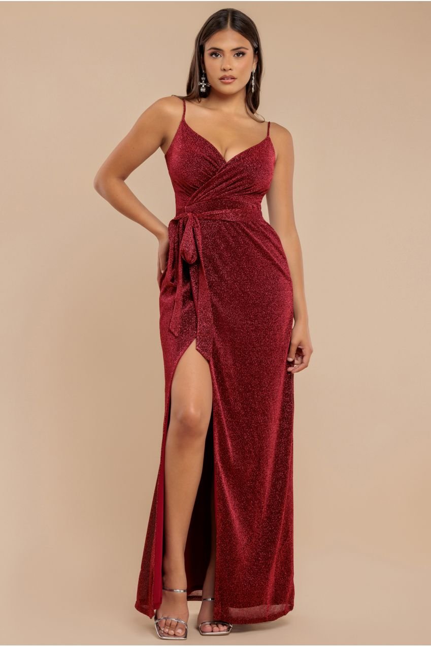 Goddiva Wrap Style Spaghetti Strap Maxi With Split – Red