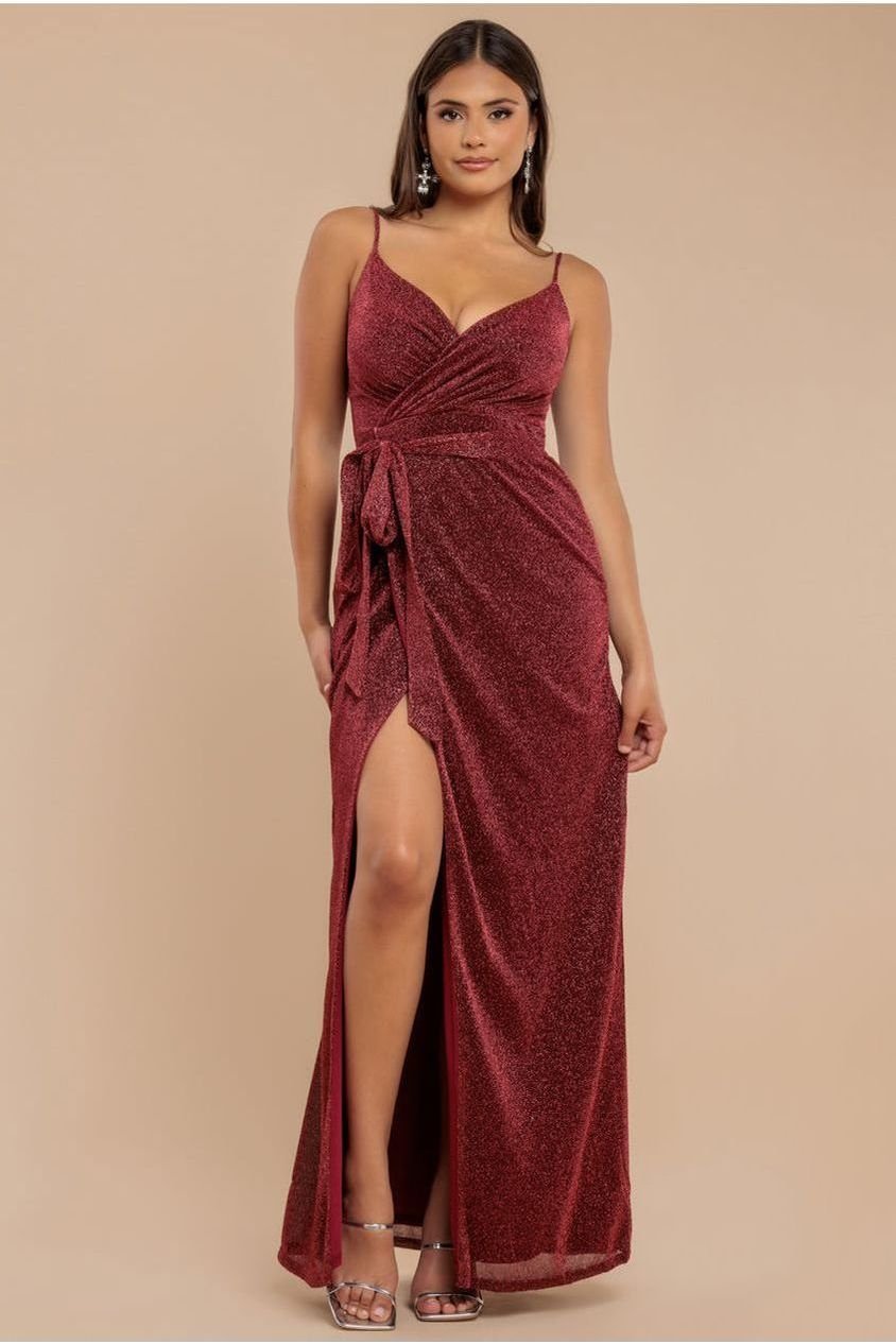 Goddiva Wrap Style Spaghetti Strap Maxi With Split – Wine