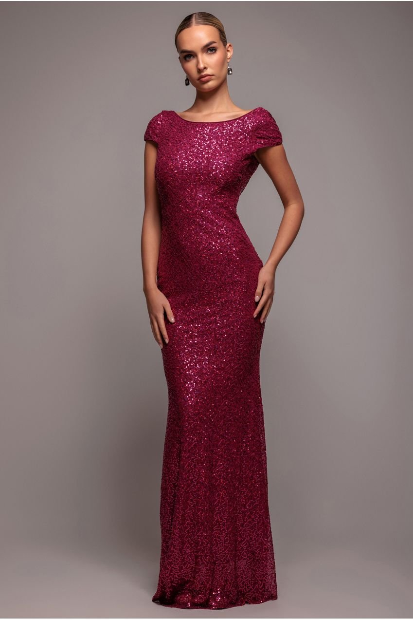Goddiva Cowl Back Sequin Maxi – Burgundy