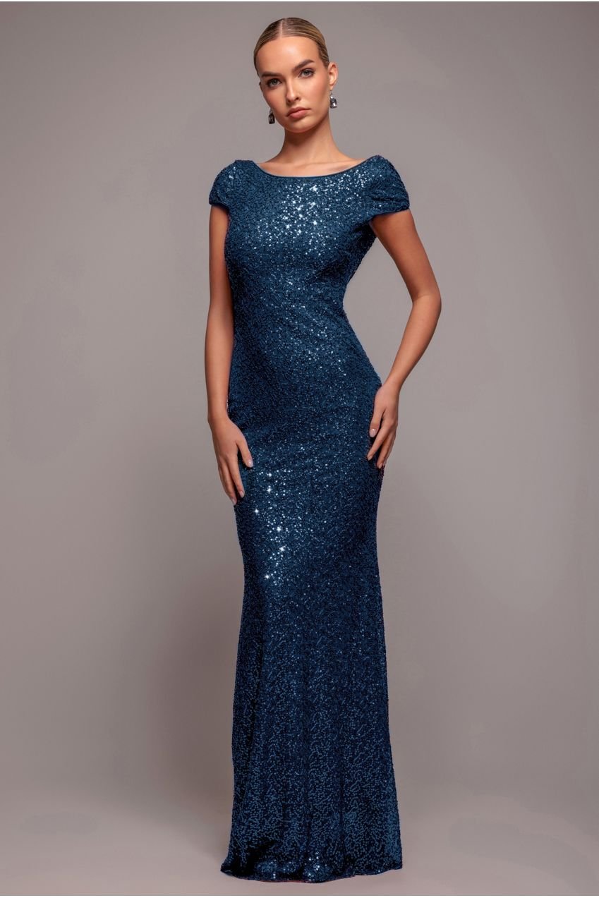 Goddiva Cowl Back Sequin Maxi Dress – Navy