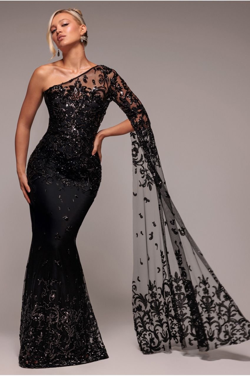 Goddiva Sequin Mesh One Shoulder Evening Maxi Dress – Black