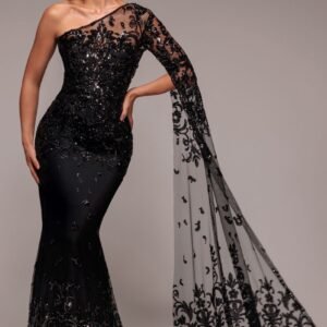 Goddiva Sequin Mesh One Shoulder Evening Maxi Dress - Black