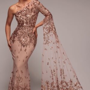 Goddiva Sequin Mesh One Shoulder Evening Maxi Dress - Champagne