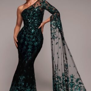 Goddiva Sequin Mesh One Shoulder Evening Maxi Dress - Emerald Green