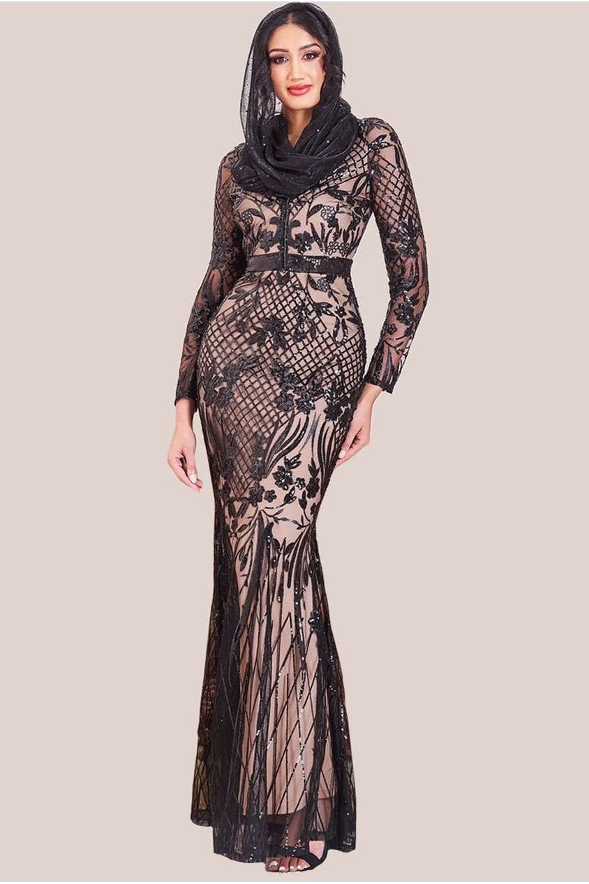 Goddiva Modesty Sequin Evening Maxi Dress – Black