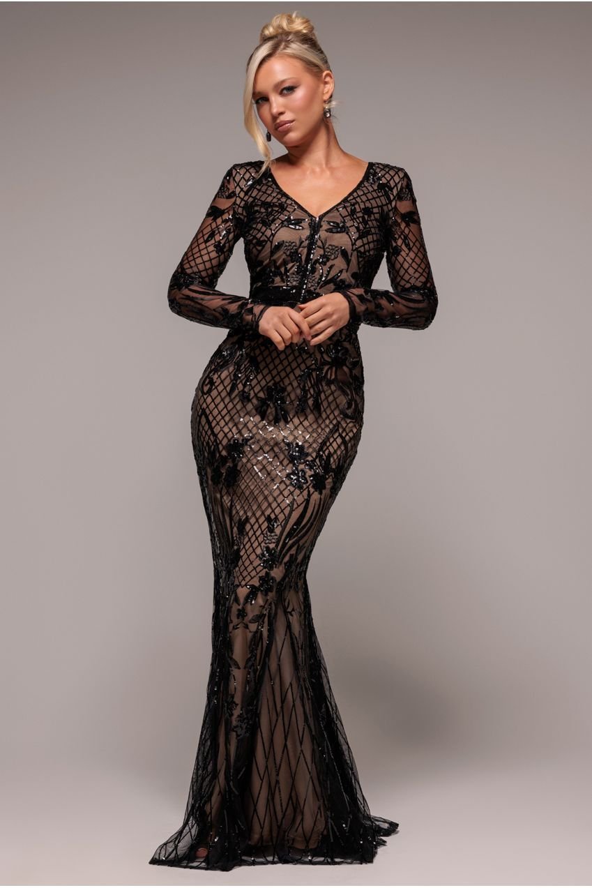 Goddiva Full Sleeve Sequin Evening Dress – Black