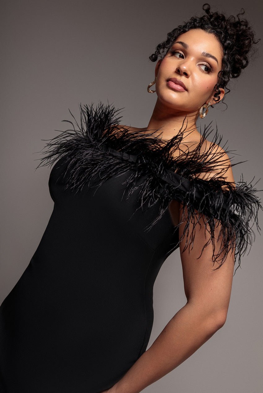 Goddiva Plus Off The Shoulder Feather Midi Dress – Black