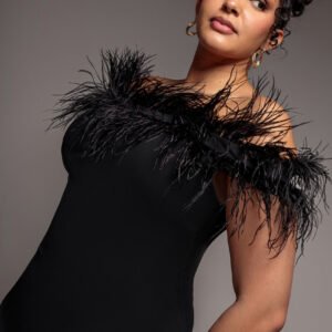 Goddiva Plus Off The Shoulder Feather Midi Dress - Black