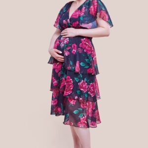 Goddiva Maternity Layered Floral Midi Dress With Flutter Sleeves - Black Floral