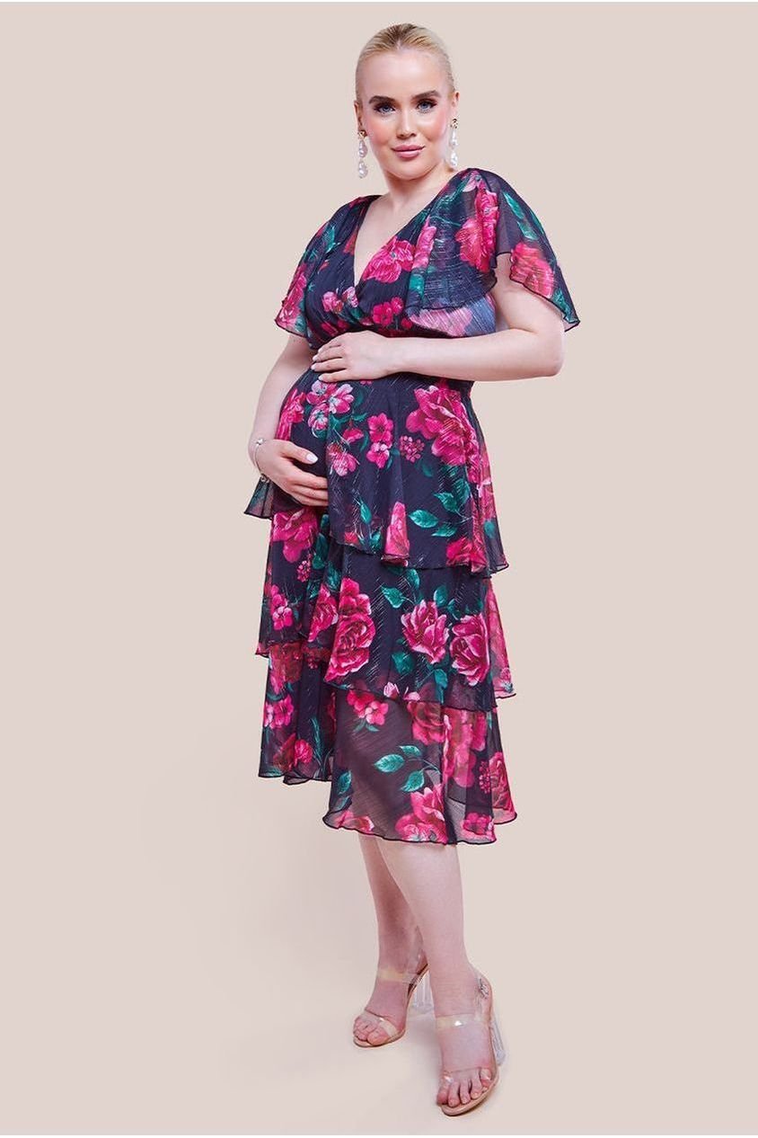 Goddiva Maternity Layered Floral Midi Dress With Flutter Sleeves – Black Floral
