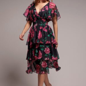 Goddiva Layered Floral Midi Flutter Sleeves - Blackfloral