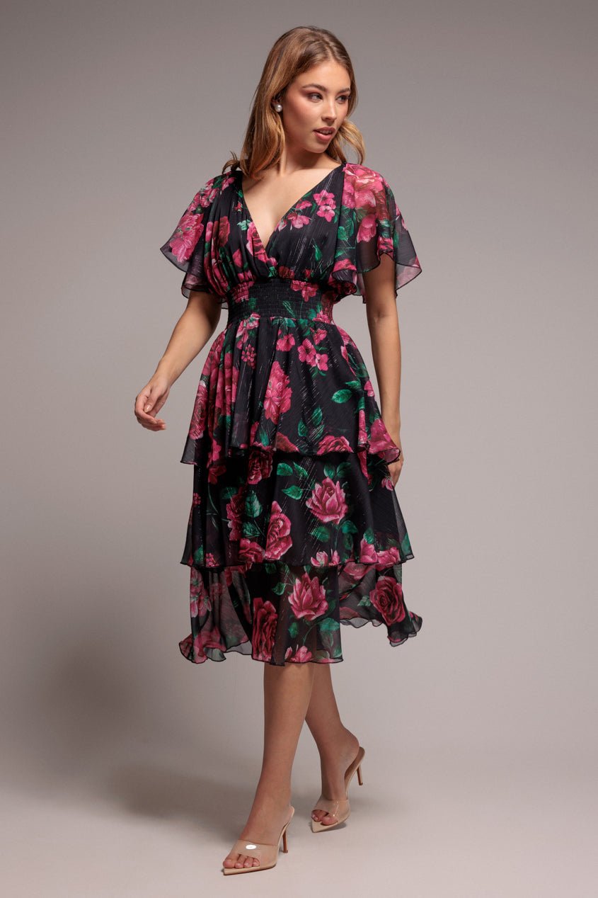 Goddiva Layered Floral Midi Flutter Sleeves – Blackfloral
