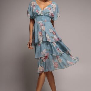Goddiva Layered Floral Midi With Flutter Sleeves - Airforce Blue